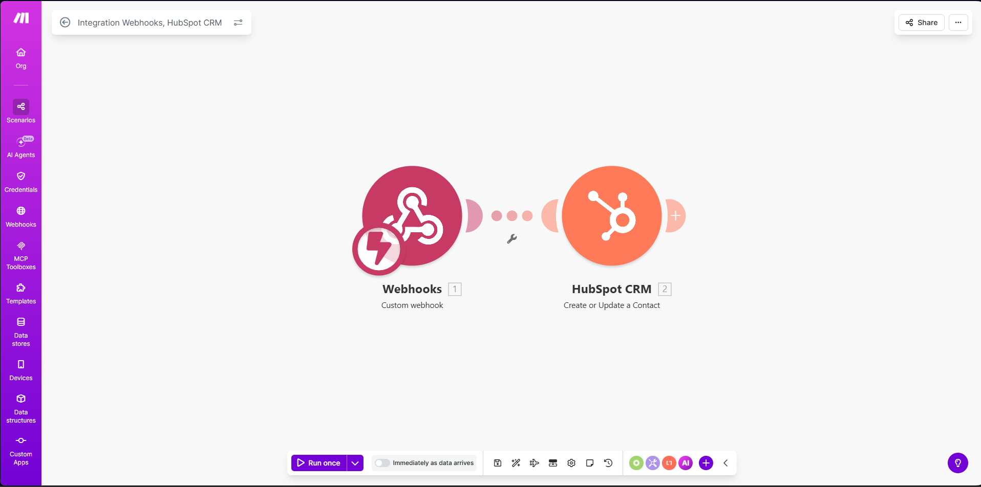 Lead-to-CRM automation workflow in Make.com