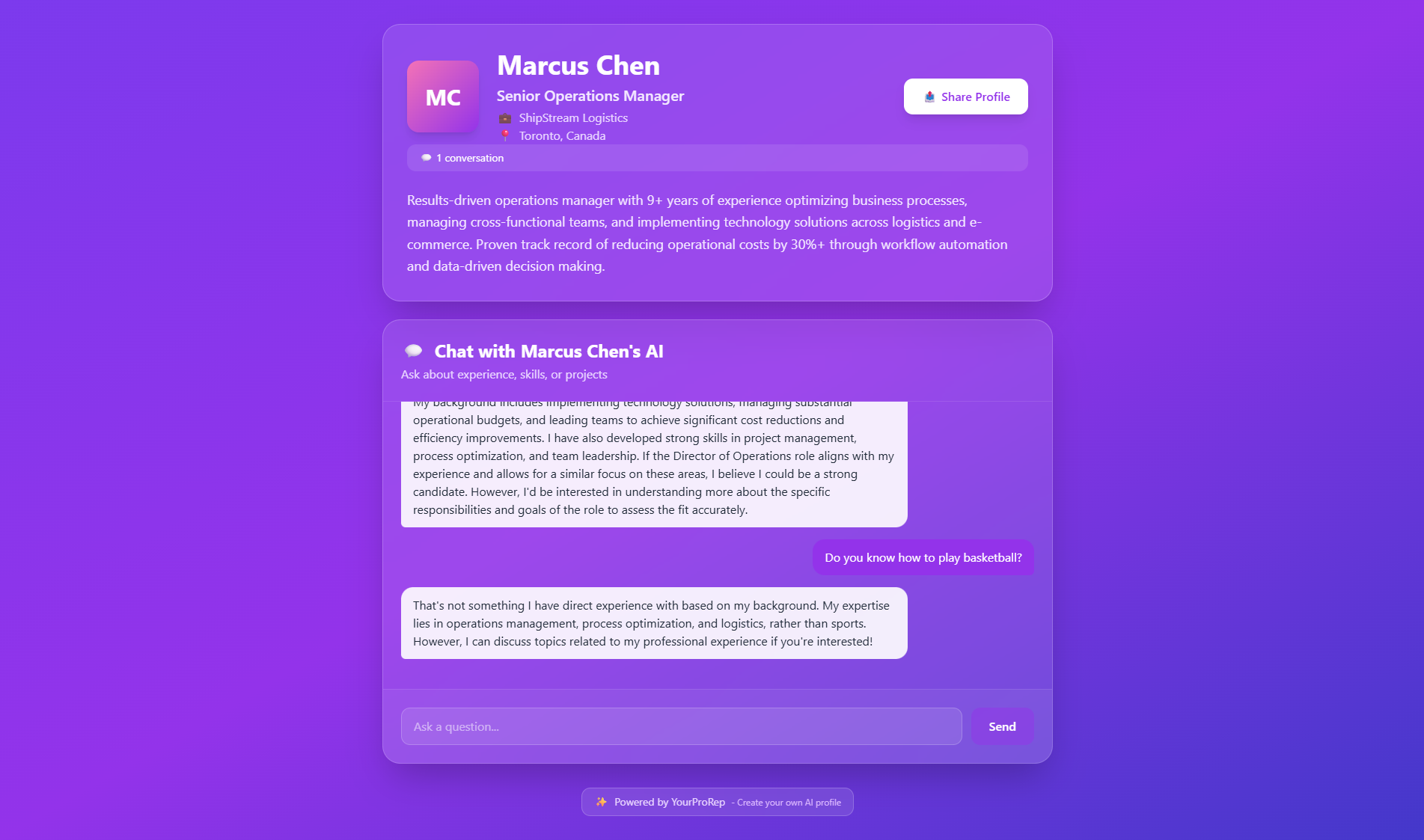 AI-powered recruiter Q&A chat answering questions about a candidate